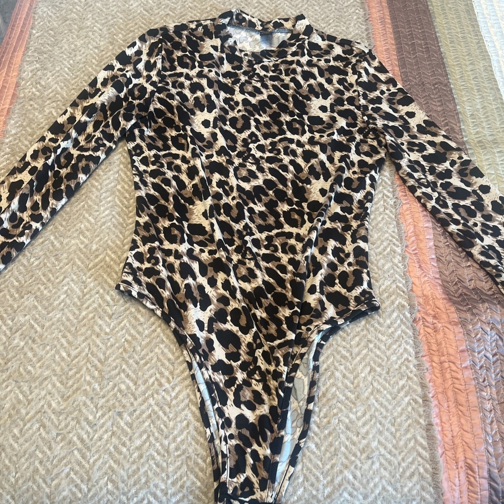 Shein Womens Long Sleeve Bodysuit Cheetah Leopard Print Brown Black Size L